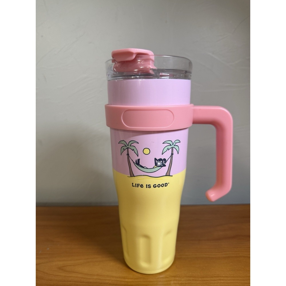 Life Is Good Jackie Hammock 40 oz Corkcicle Pink Yellow Hydrate Hot Cold Tumbler
